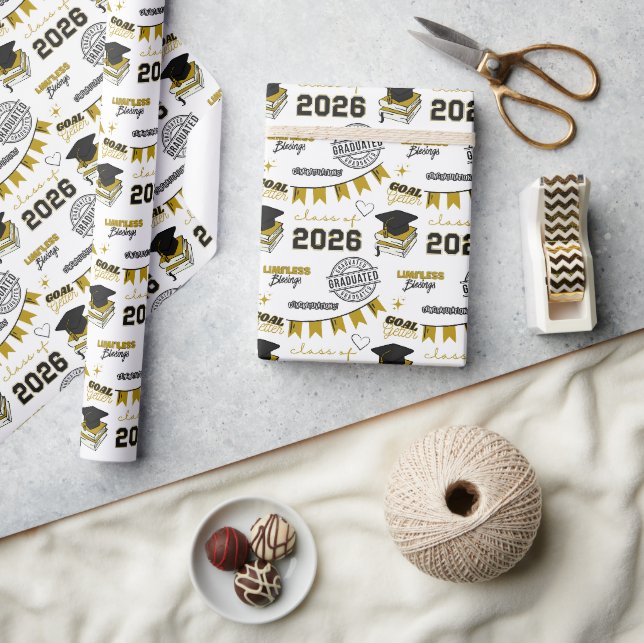 Black and Gold Class of 2026 Graduation Wrapping Paper (Crafts)