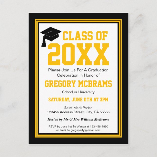 Black and Gold Class Year Graduation Invitation Postcard (Front)