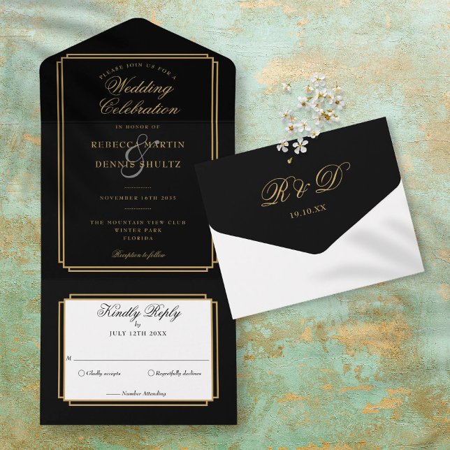 Black And Gold Classic Deco Monogram Wedding All In One Invitation (Black And Gold Classic Deco Monogram Wedding All In One Invitation)