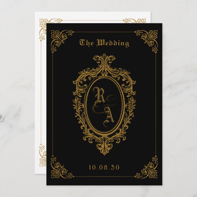 Black and gold Classic gothic wedding  invitation (Front/Back)