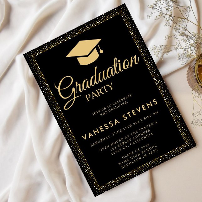 Black And Gold Classic Graduation Cap Party  Invitation (Creator Uploaded)
