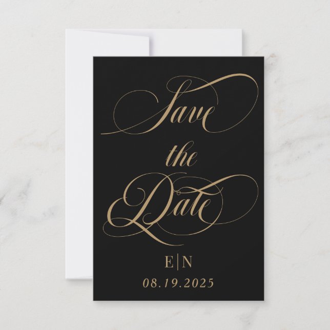 Black and Gold Classic Monogram Wedding Photo Save The Date (Front)