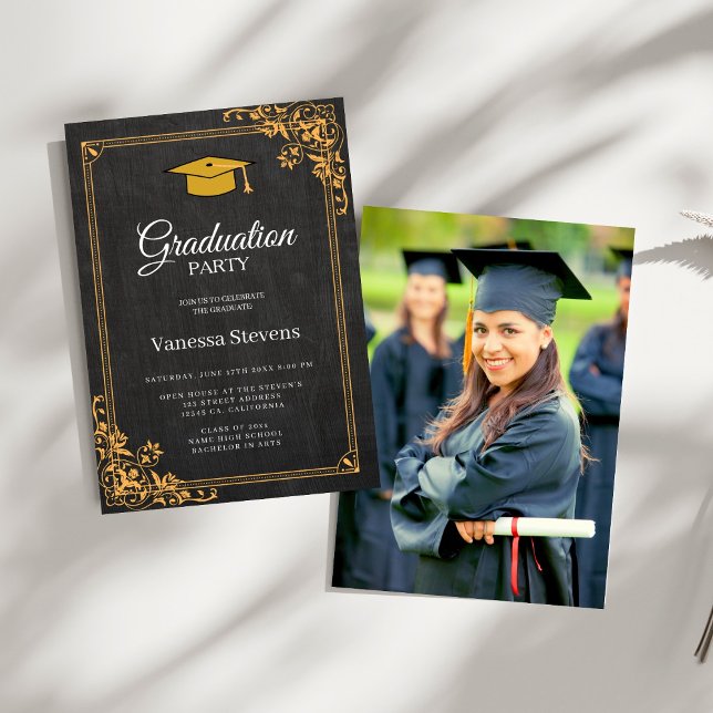 Black And Gold Classic Photo Graduation Invitation (Creator Uploaded)