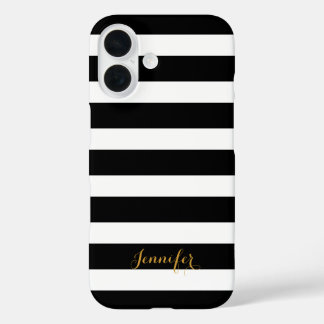 Black and Gold Classic Stripes Monogram iPhone 16 Case