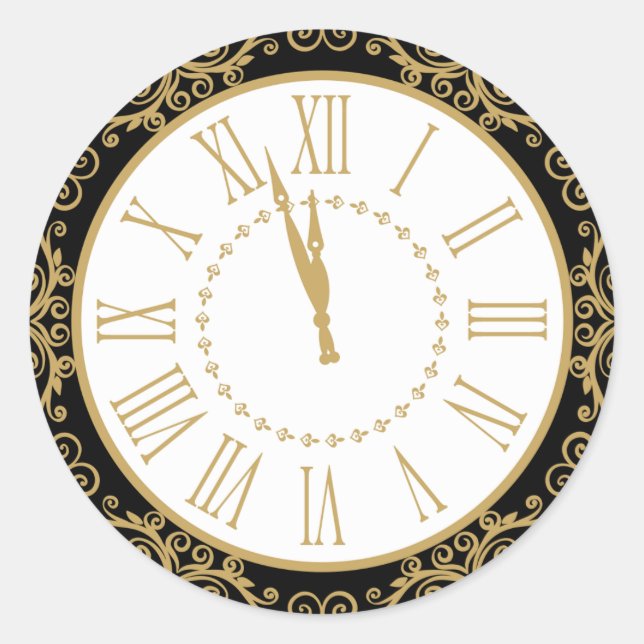 BLACK AND GOLD CLOCK FACE CLASSIC ROUND STICKER (Front)