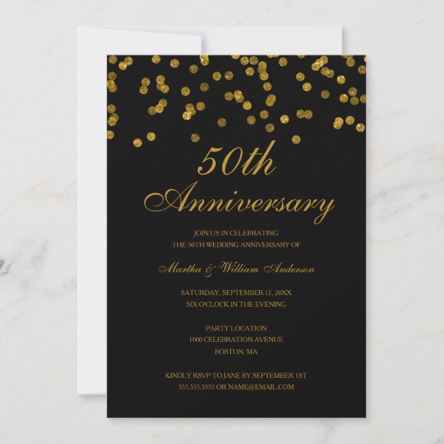 Black and Gold Confetti 50th Wedding Anniversary Invitation (Front)