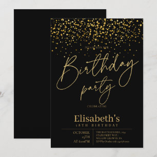 Black and Gold Confetti Birthday Party Invitation