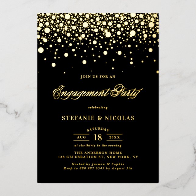 Black and Gold Confetti Dots Engagement Party (Front)