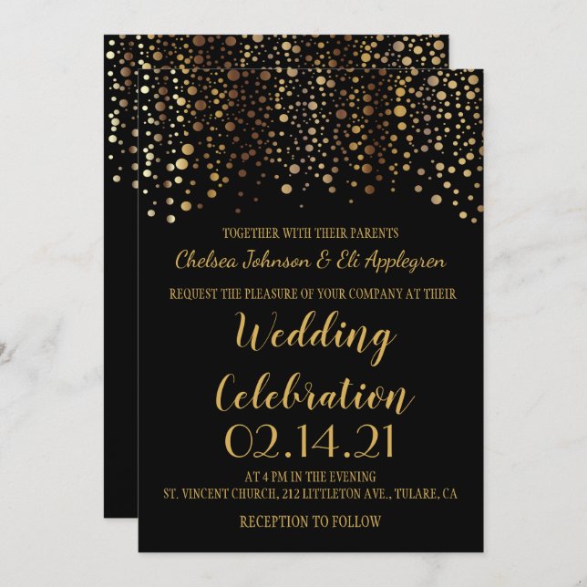 Black and Gold Confetti Dots Invitation (Front/Back)