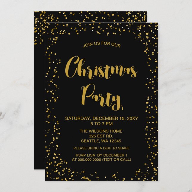 Black and Gold confetti Modern Christmas Party Invitation (Front/Back)