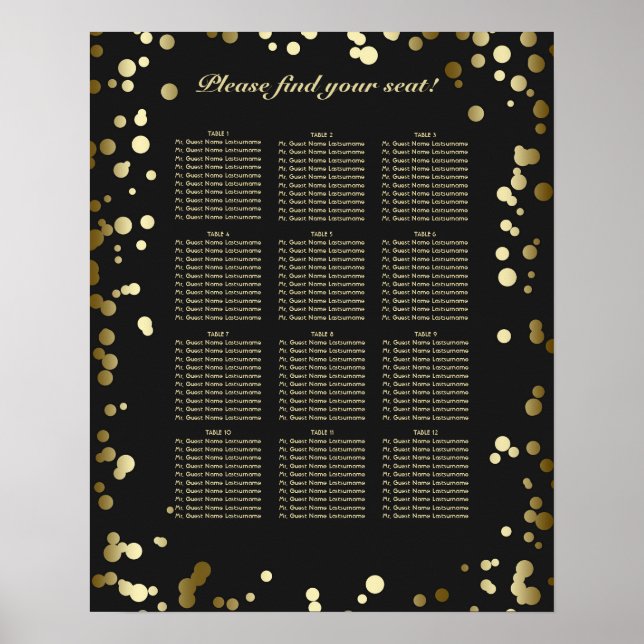 Black and Gold Confetti Wedding Seating Chart (Front)