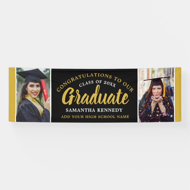 Black And Gold Congrats Grad 2 Photo Graduation Banner (Horizontal)