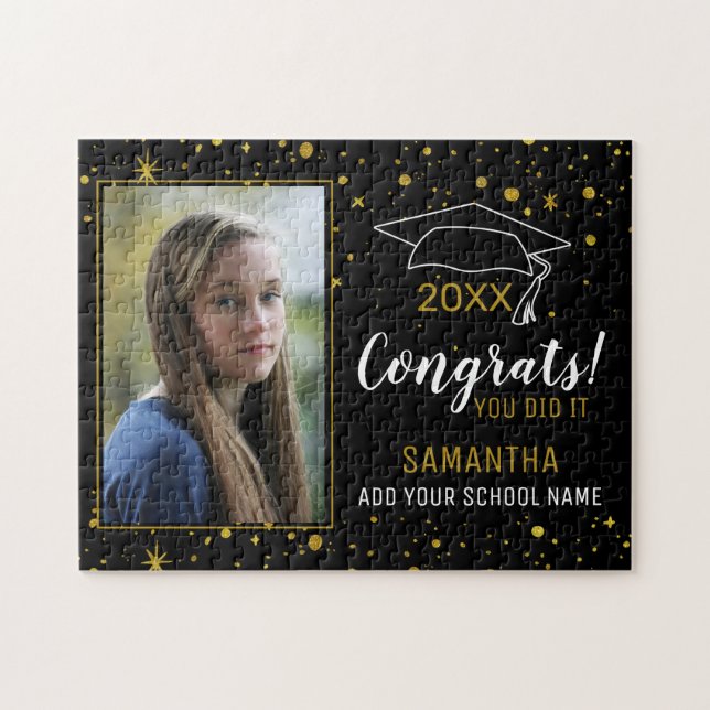 Black And Gold Congrats Graduate Photo Graduation Jigsaw Puzzle (Horizontal)