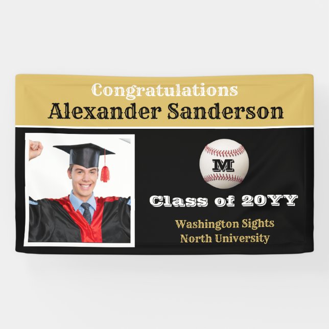 Black and Gold Congratulations Baseball Graduation Banner (Horizontal)