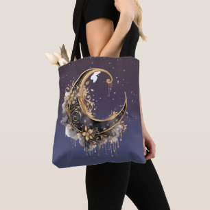 Black and Gold Crescent Moon Starry Halloween Tote Bag