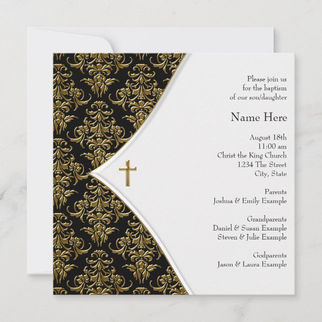 Black and Gold Cross Christening Invitation (Front)