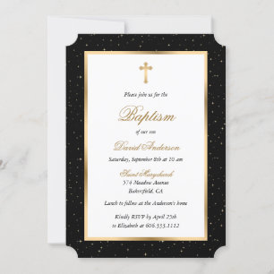 Black and Gold Cross Stars Elegant Script Baptism Invitation