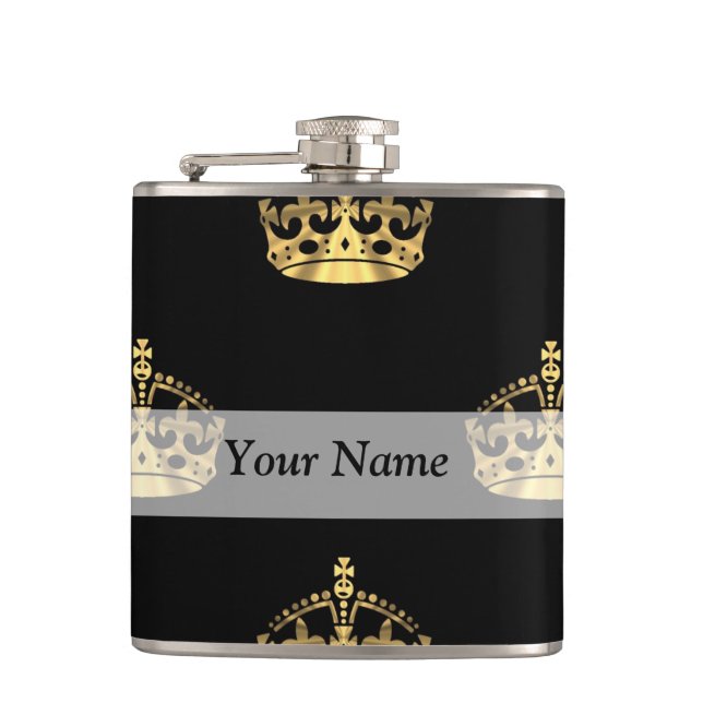 Black and gold crown pattern hip flask (Front)