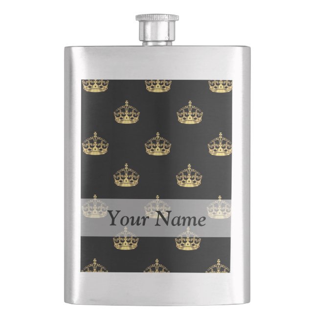Black and gold crown pattern hip flask (Front)