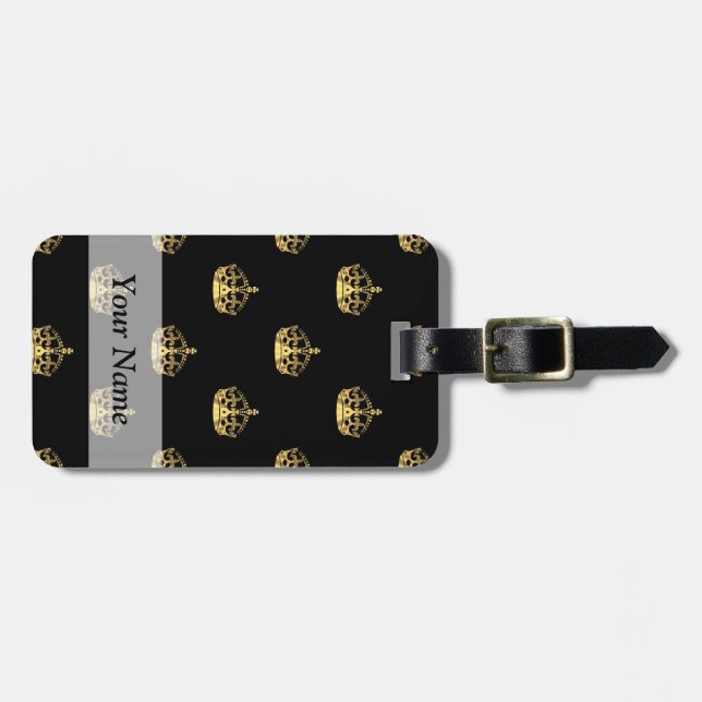 Black and gold crown pattern luggage tag (Front Horizontal)