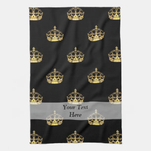 Black and gold crown pattern tea towel