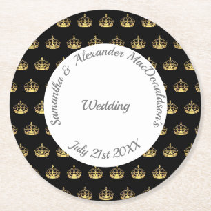 Black and gold crown wedding round paper coaster