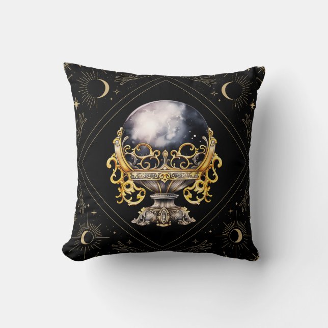 Black and Gold Crystal Ball Mystical Halloween Cushion (Front)