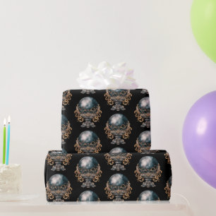Black and Gold Crystal Ball Pattern Halloween Wrapping Paper