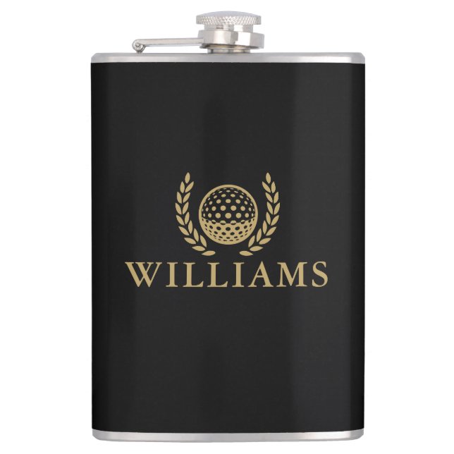 Black And Gold Custom Name Monogram Golf Ball Hip Flask (Front)