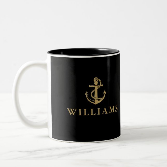 Black And Gold Custom Name Nautical Boat Anchor Two-Tone Coffee Mug (Left)