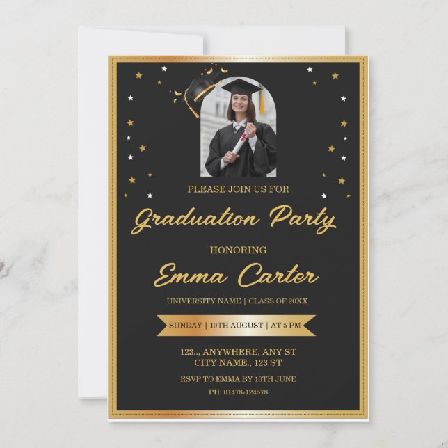 Black and Gold Custom Photo Graduation Invite (Front)