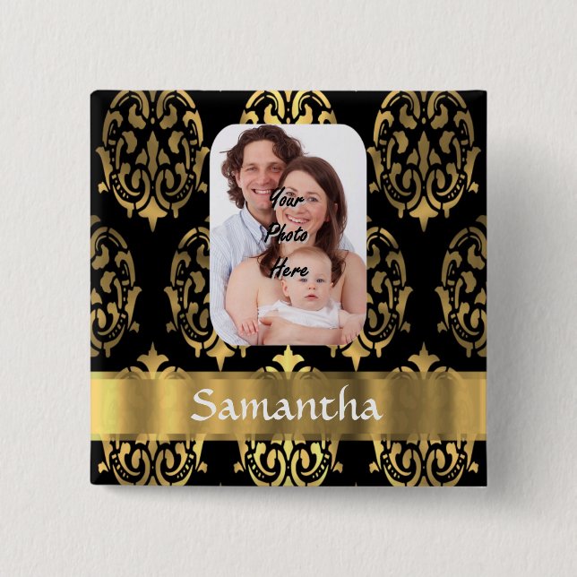 Black and gold damask 15 cm square badge (Front)