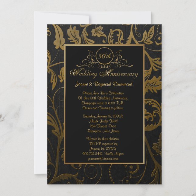 Black and Gold Damask 50th Wedding Anniversary Invitation (Front)