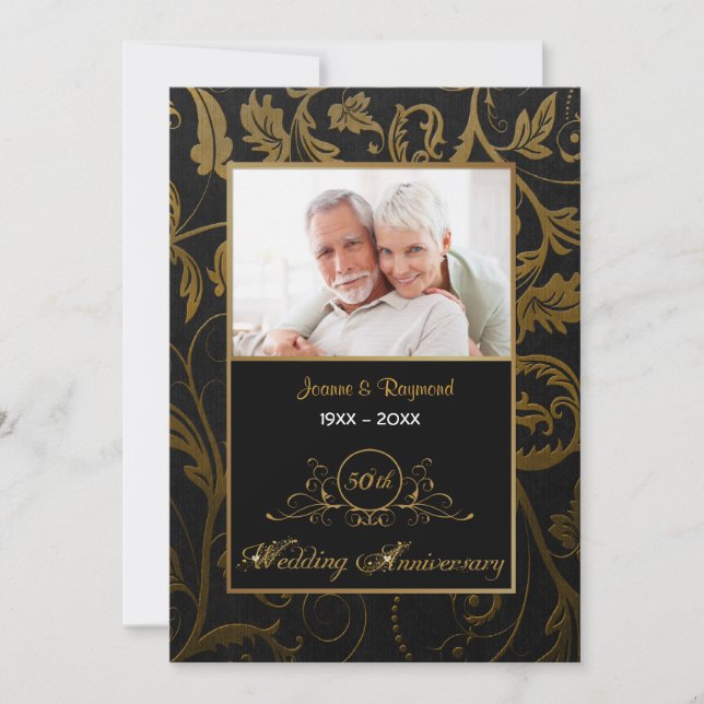 Black and Gold Damask 50th Wedding Anniversary Invitation (Front)