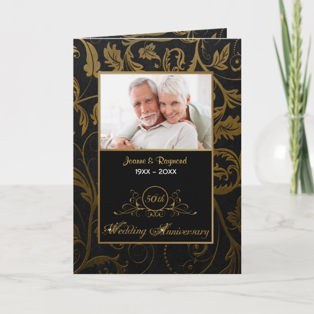 Black and Gold Damask 50th Wedding Anniversary Invitation (Front)