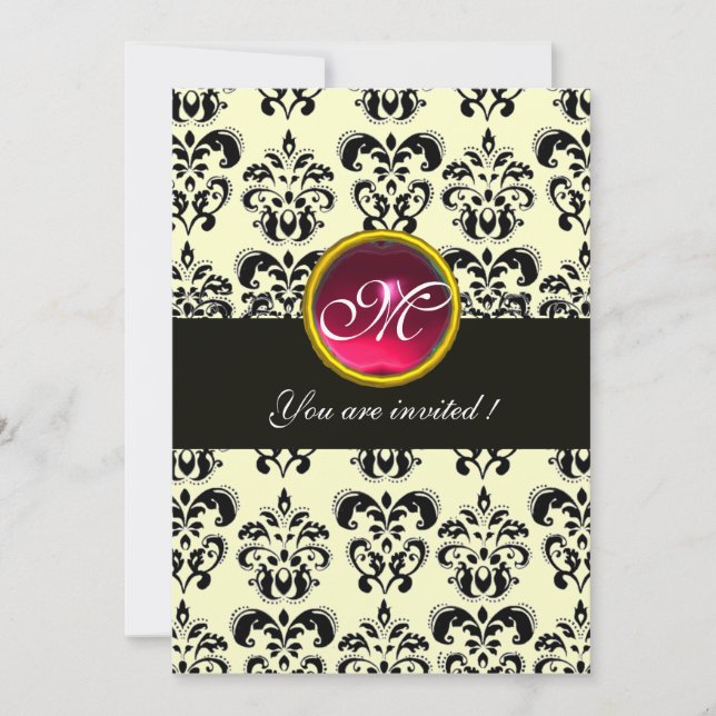 BLACK AND GOLD DAMASK MONOGRAM,red ruby,fuchsia Invitation (Front)