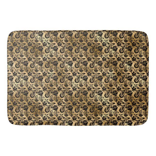 Black and Gold Damask Pattern Bath Mat (Front)
