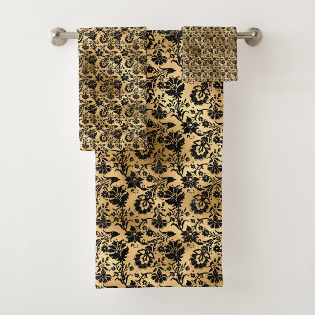 Black and Gold Damask Pattern Bath Towel Set (Insitu)