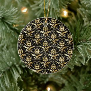 Black and Gold Damask Pattern Ceramic Tree Decoration
