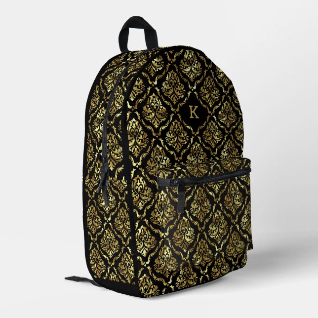 Black And Gold Damask Pattern Monogram Printed Backpack (Back Corner Left)