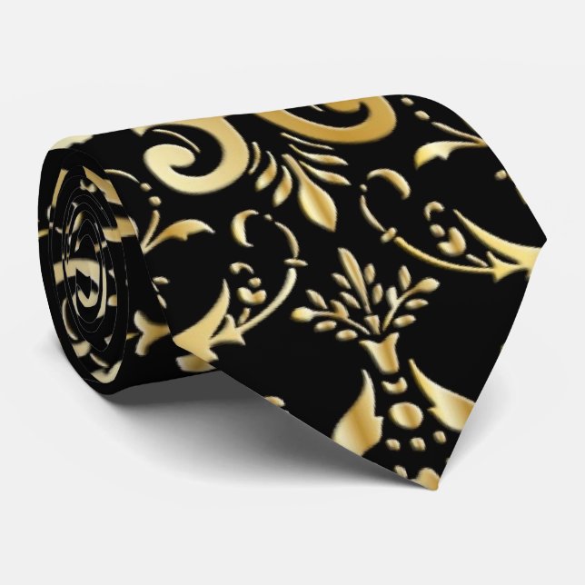 Black and Gold Damask Pattern Neck Tie (Rolled)