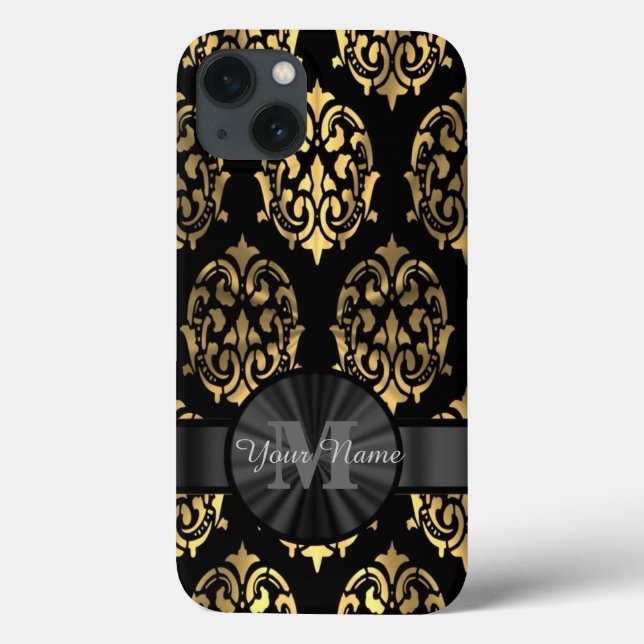 Black and gold damask personalised monogram Case-Mate iPhone case (Back)