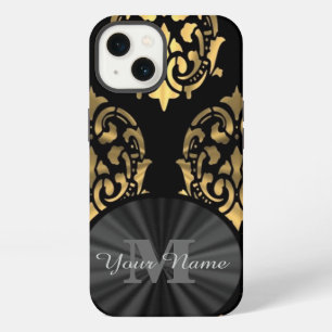 Black and gold damask personalised monogram iPhone 13 case
