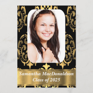 Black and gold damask photo graduation invitation