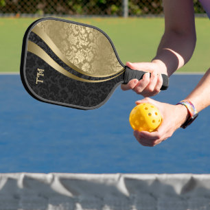 Black and gold damask pickleball paddle