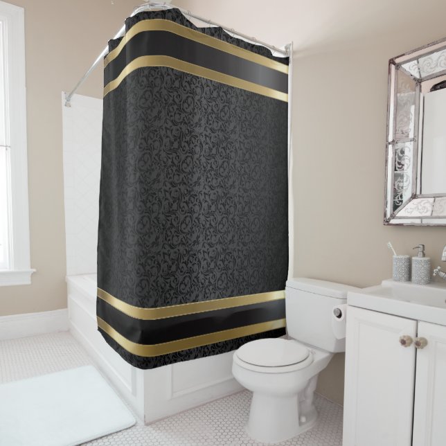 Black and Gold Damask Shower Curtain (In Situ)