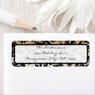 Black and Gold Damask Swirls Wedding Label