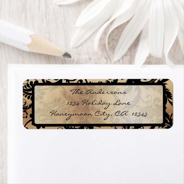 Black and Gold Damask Swirls Wedding Label (Insitu)