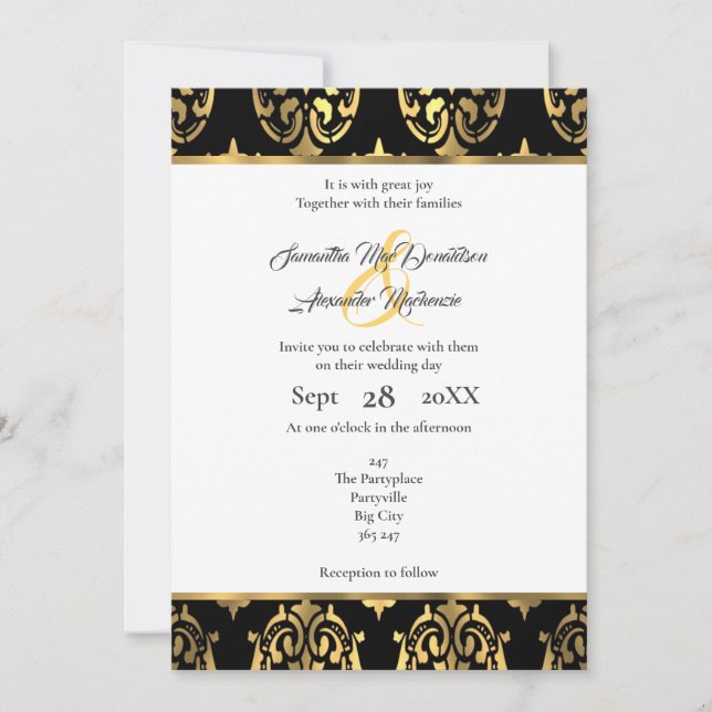 Black and gold damask wedding invitation (Front)