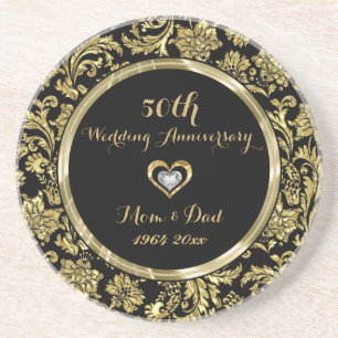 Black And Gold Damasks 50th Wedding Anniversary 2 Coaster